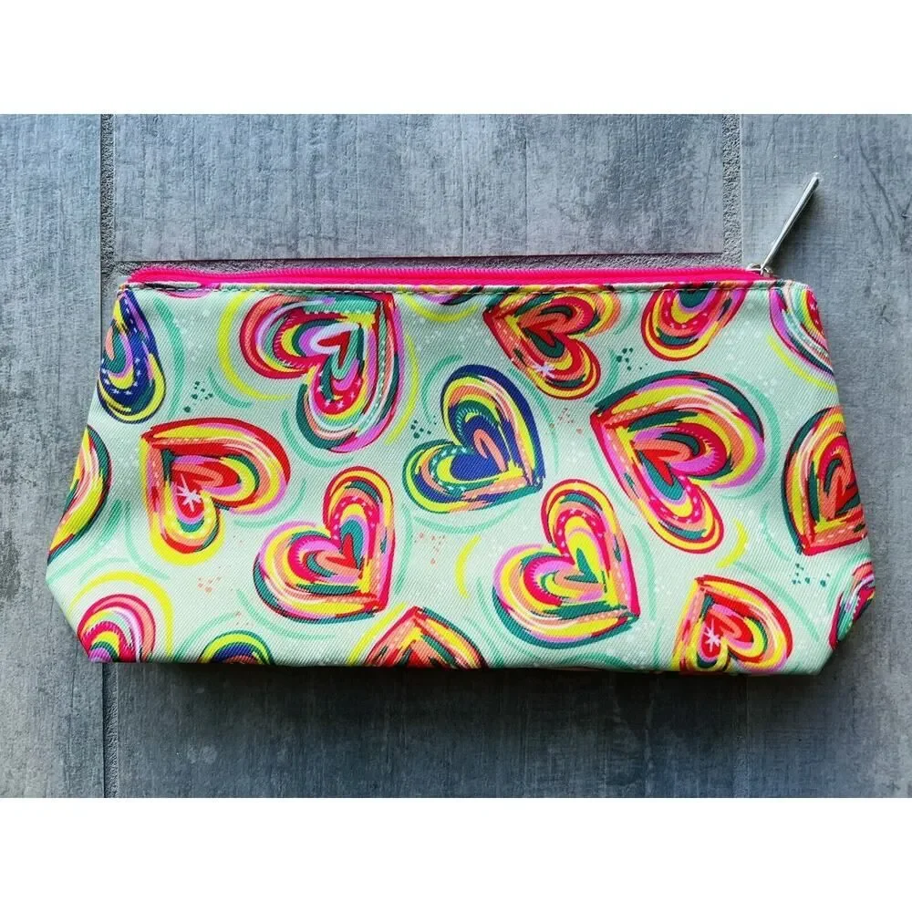CLINIQUE Rainbow Heart Makeup Bag Travel Case Purse Organizer Clutch Wallet Zip
